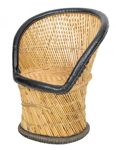 Jute armchair with faux leather details |...
