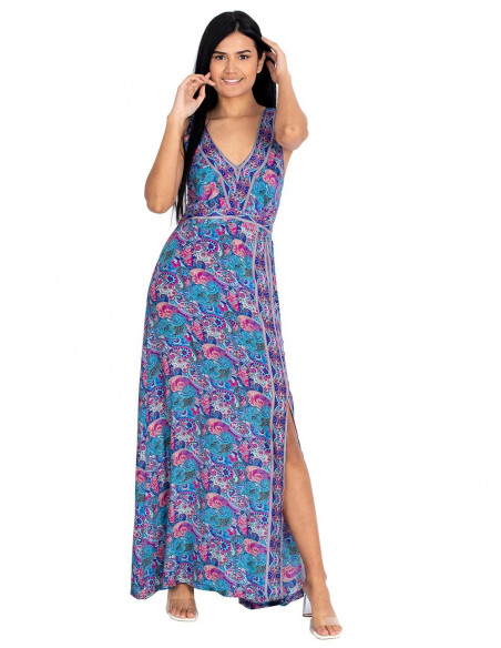 vestido-largo-ceñido-azul-con-tajo