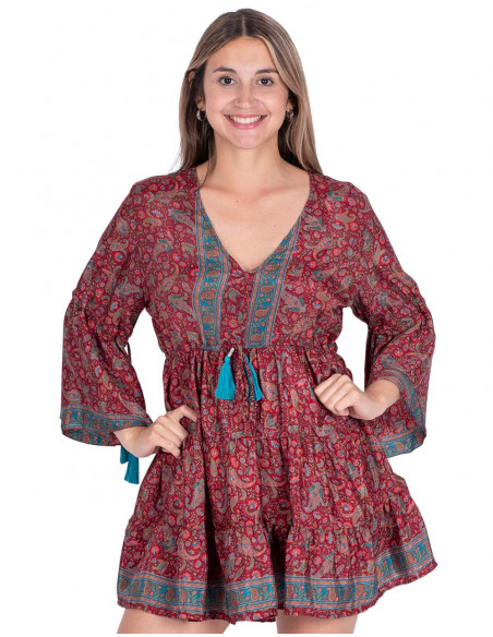 vestido-boho-con-mangas-estampado-burdeos