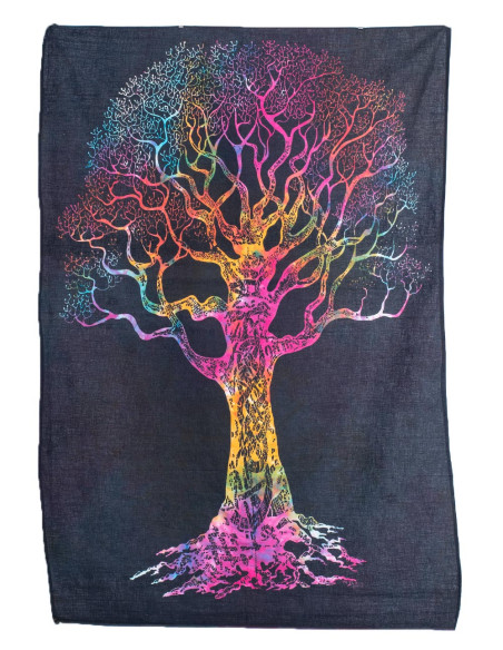 Black Handmade Tapestry with Multicolored Tree in the Center