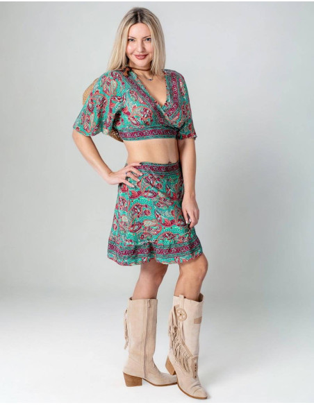 Kimago Green and Red Printed Silk Set