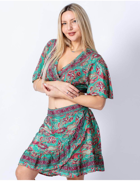 Kimago Green and Red Printed Silk Set