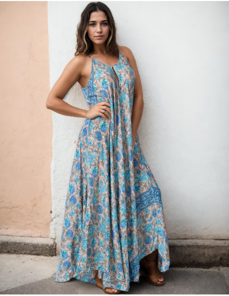 Light Blue Printed Silk Long Dress