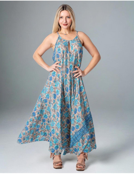 Light Blue Printed Silk Long Dress