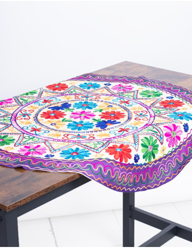 Round Tablecloth with Hand Embroidered Flowers...
