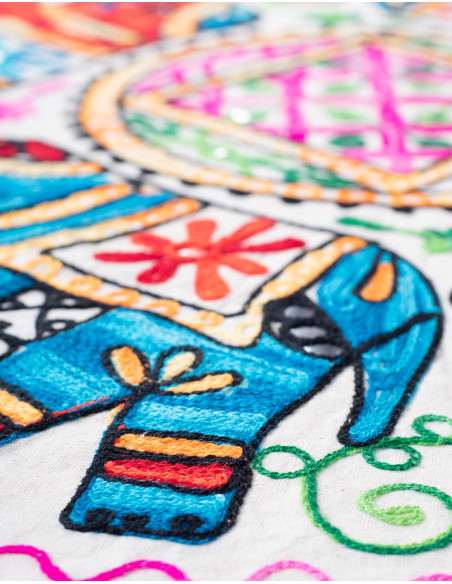 Round Tablecloth with Hand-Embroidered Elephants in a Circle – Kimago