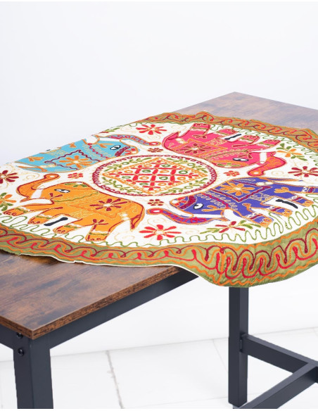 Round Tablecloth with Hand-Embroidered Elephants in a Circle – Kimago