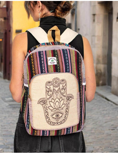Unisex Hamsa Print Hemp Backpack | Indian Handcrafted...