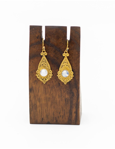 Hand-Carved Brass Earrings with Mineral Stone –...