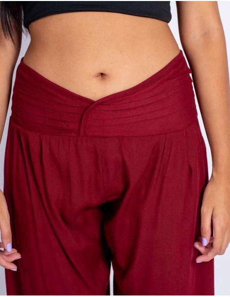 Kimago Burgundy Straight Pants with V-Neck and Elastic Waistband