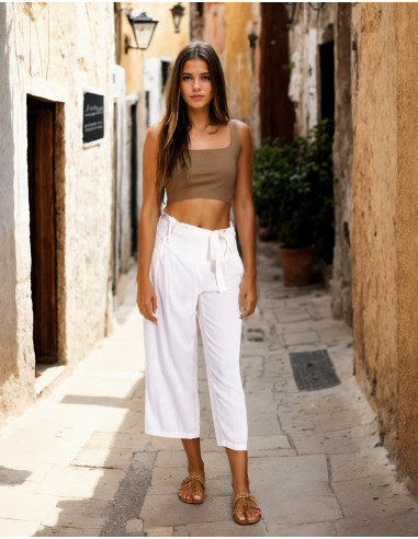 Kimago White Capri Pants with Fabric Belt and...