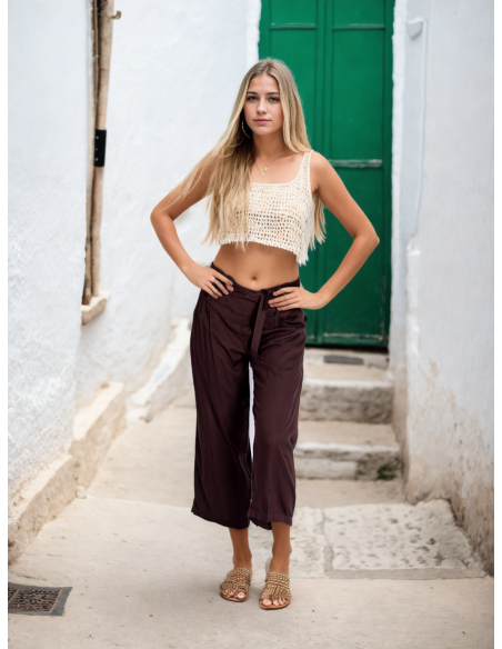 Kimago Chocolate Brown Capri Pants with Bow Belt