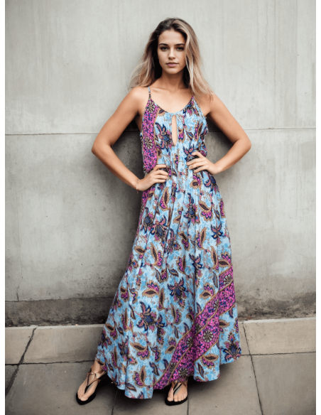 Kimago silk long dress with a floral print in light blue tones