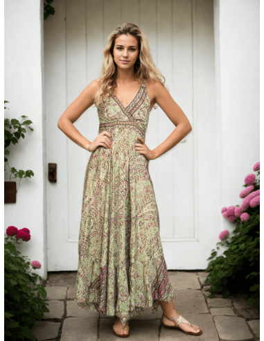 Light green Kimago silk long dress with V-neckline