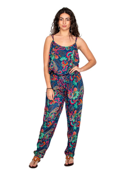 Kimago blue printed silk long jumpsuit with adjustable straps