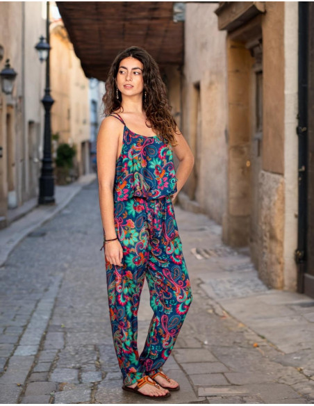 Kimago blue printed silk long jumpsuit with adjustable straps