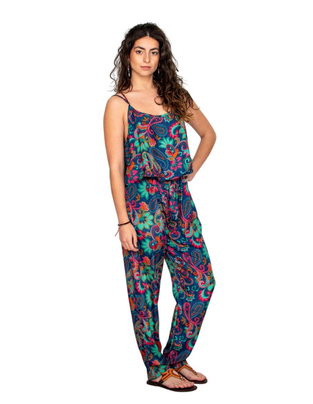 Kimago blue printed silk long jumpsuit with adjustable straps