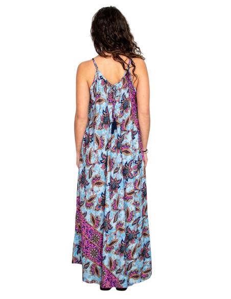 Kimago silk long dress with a floral print in light blue tones