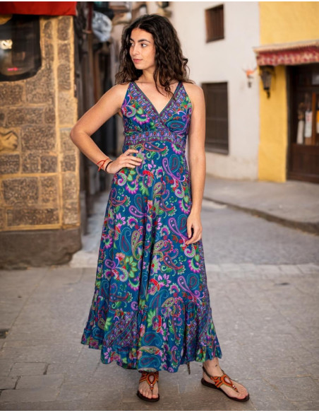 Kimago blue silk long dress with V-neck and flowers