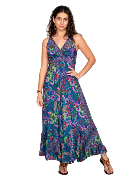 Kimago blue silk long dress with V-neck and flowers