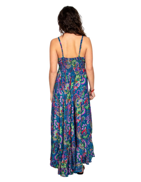 Kimago blue silk long dress with V-neck and flowers