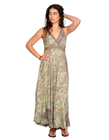 Light green Kimago silk long dress with V-neckline