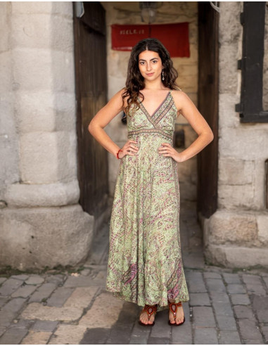 Vestido largo de seda Kimago verde claro con...