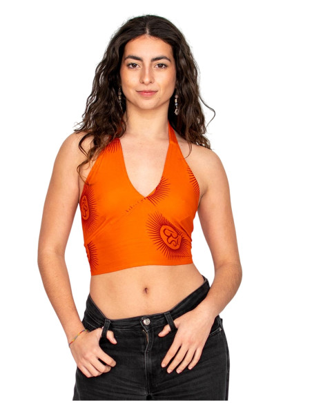 Kimago orange crop top with Sanskrit inscriptions