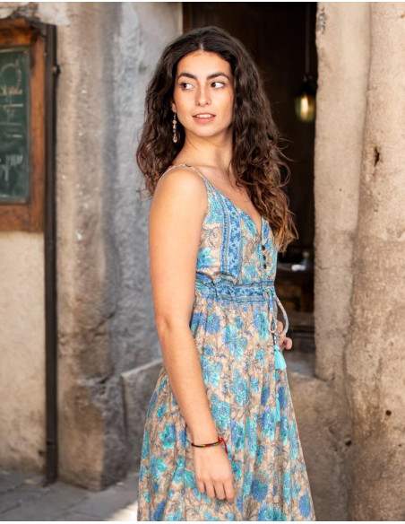 Kimago silk long dress with V-neck and adjustable straps