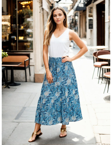 Long light blue skirt with Kimago cotton flowers