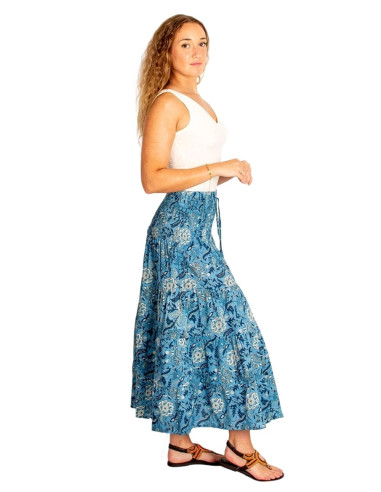 Falda larga celeste con flores de algodón Kimago
