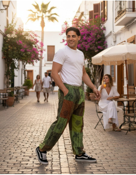 Kimago unisex patchwork green cotton harem pants