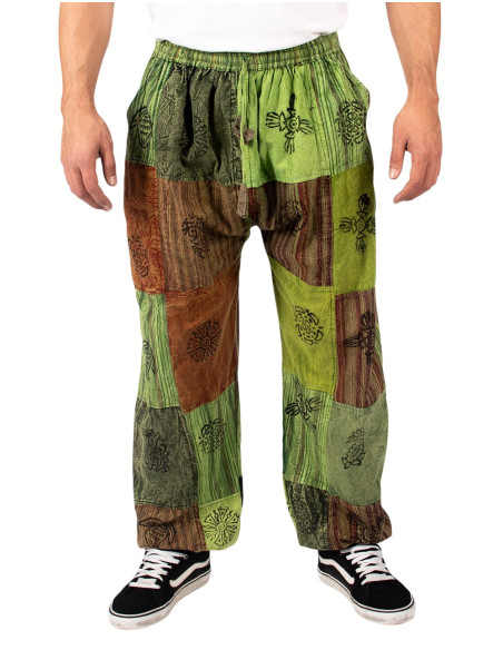 Kimago unisex patchwork green cotton harem pants