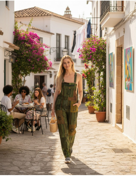 Handmade green patchwork unisex jumpsuit | Kimago
