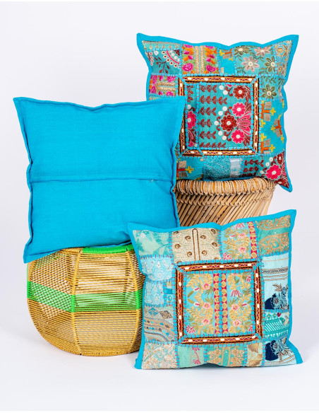 Handmade light blue boho style cushion cover 40x40