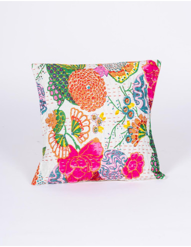 Handmade white cushion cover with printed flowers