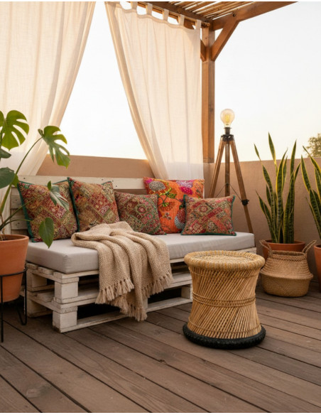 Handmade bamboo stool with woven seat