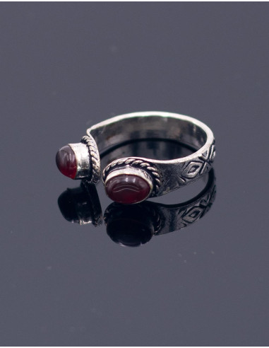 Silver open ring with double stone