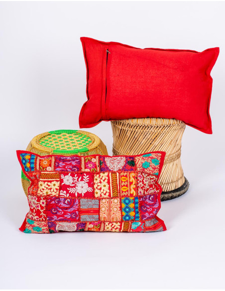 red patchwork cushion cover