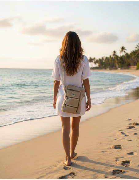 Unisex Hemp Shoulder Bag, Bone Color, with 5 Pockets | Kimago