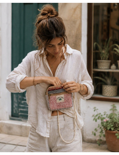 Square Hemp Crossbody Bag with Ethnic Prints | Kimago