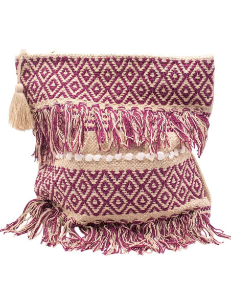 Large Boho Indian Handcrafted Bag with Fringe and Pom-Poms | Kimago