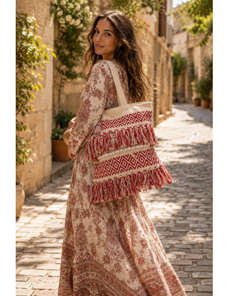 Large Boho Indian Handcrafted Bag with Fringe and Pom-Poms | Kimago