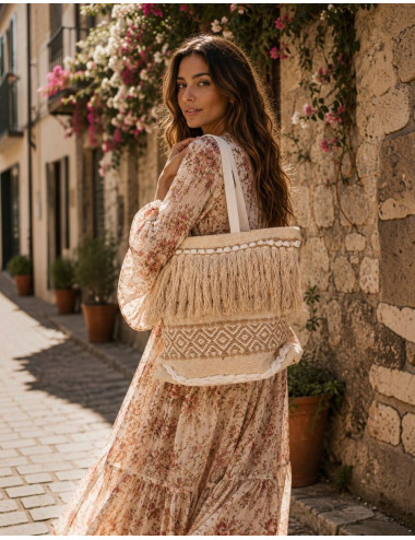 Boho Beige and Bone Bag with Fringe and Pom-Poms