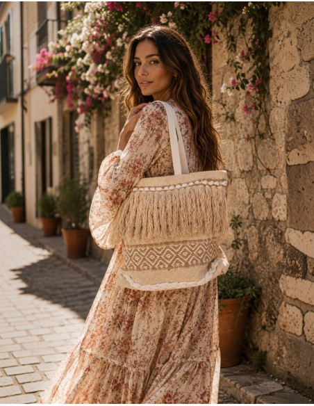 Boho Beige and Bone Bag with Fringe and Pom-Poms