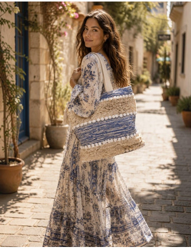 Blue Boho Bag with Pom-Poms and Handmade Details