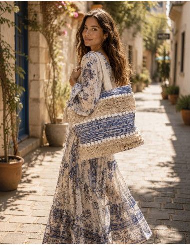 Blue Boho Bag with Pom-Poms and Handmade Details