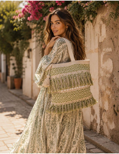 Light Green Boho Bag with Fringe and Handmade...