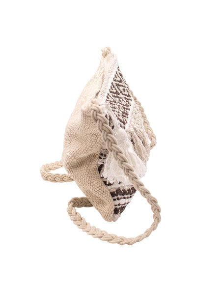 Boho Off-White Bag with Brown Details, Fringe and Pom-Poms