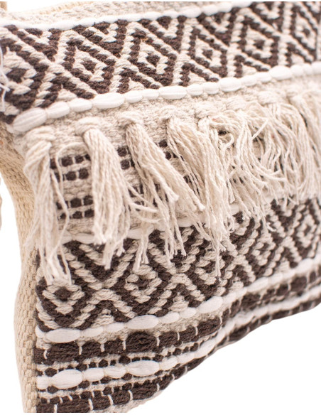 Boho Off-White Bag with Brown Details, Fringe and Pom-Poms